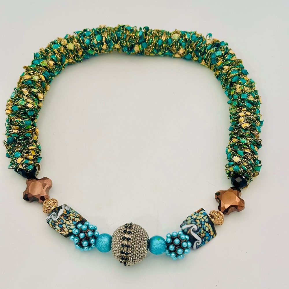 Artisan Beaded Statement Necklace in Turquoise and Gold